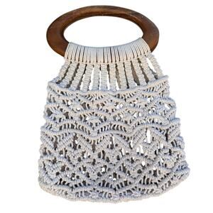 Vintage Macramé Handbag Wooden Handle Boho Ivory Rope Purse Unbranded